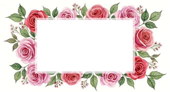 A beautiful floral frame with pink roses and green leaves on transparent background