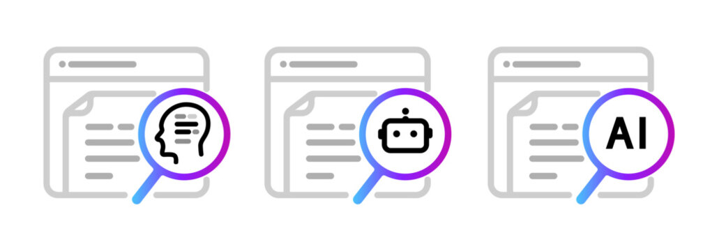 Artificial intelligence content detection icons set showing magnifying glass over documents identify AI generated text robotic chatbot writing digital transparency and plagiarism check