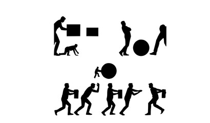 Fototapeta premium Black silhouette men pushing set showing physical effort and dynamic action poses isolated on white background vector