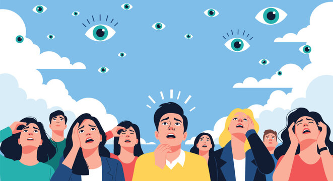 Concerned crowd of people looking up at a sky filled with multiple floating eyes depicting surveillance, anxiety, or paranoia themes.