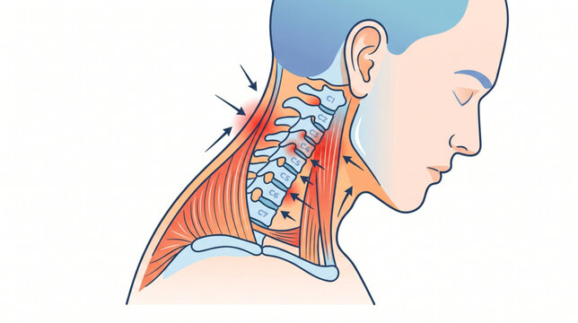 Anatomy of the human cervical spine showing neck pain and muscle tension in vertebrae C1 to C7