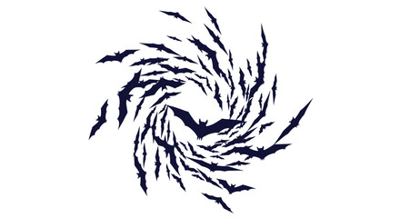 Fototapeta premium Large swarm of dark bats flying in a circular spiral formation creating a dramatic and spooky effect for halloween or horror themes.