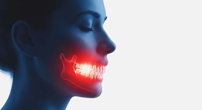 Woman with jaw pain and glowing red jawbone on white background