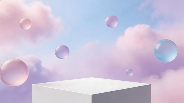 White cube with floating bubbles in sky