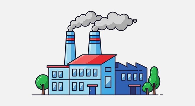 A cartoon illustration of a blue factory with two smokestacks emitting gray smoke on a white background