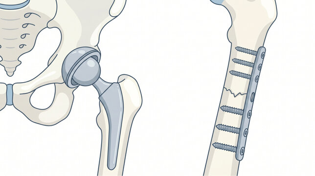 Orthopedic medical illustration of a total hip replacement implant and a fractured bone with surgical plate and screws