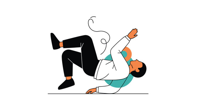 Stylized illustration of a man falling backward in the air with abstract circular elements and a sense of movement.