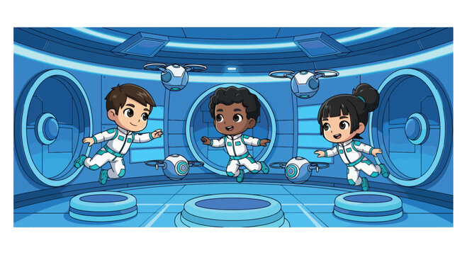 Three cartoon astronauts in a space station.