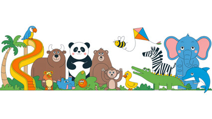 Naklejka premium Colorful cartoon animals playing together in a bright jungle background Vector
