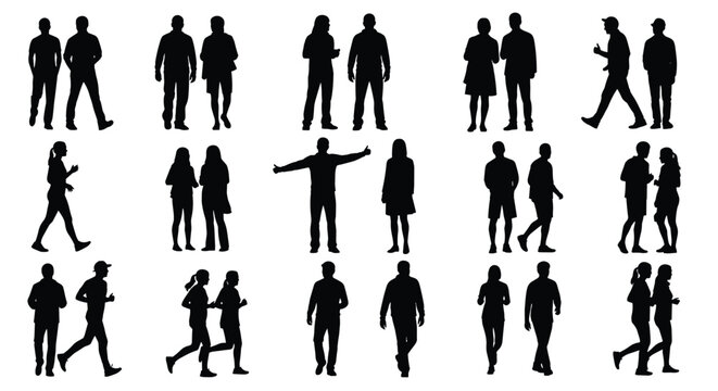 A group of people walking and standing in various poses are depicted in black silhouettes on a white background.