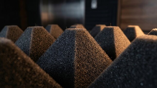 Corporate mental wellness and acoustic engineering concept featuring macro view of porous soundproofing foam wedges for absolute silence