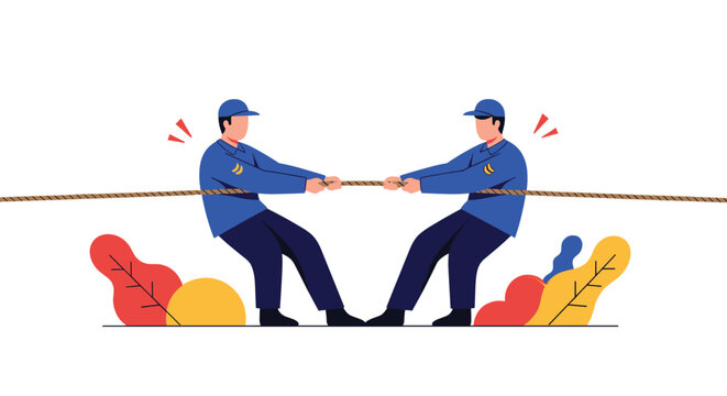 Two men in blue uniforms engaged in a competitive tug of war over a rope against a simple abstract landscape.