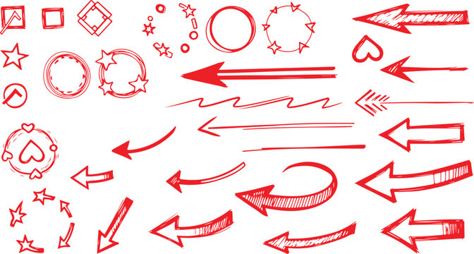 Set of handdrawn arrows, doodle style vector elements for design, collection of black brush stroke arrow