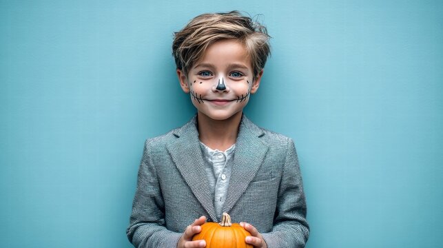 Boy in Halloween costume holding a pumpkin