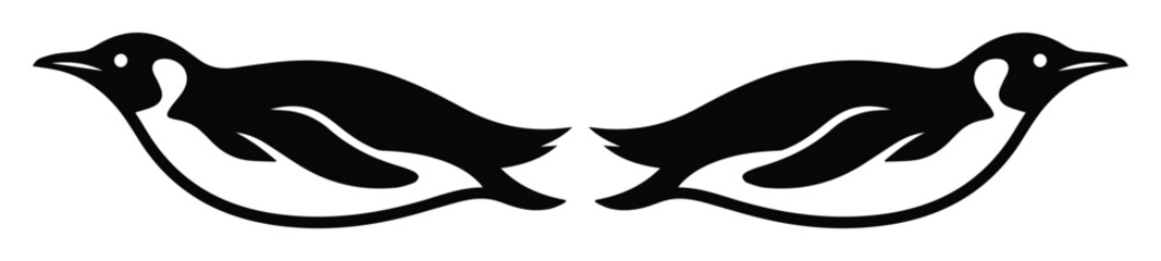 Minimalist penguin vector silhouettes, black and white emperor penguin swimming icons, symmetrical arctic bird graphic elements for logo design © ArsiStudio