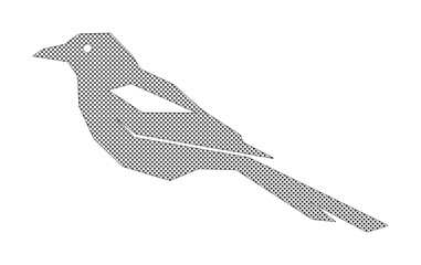 Obraz premium Minimalist bird silhouette vector, geometric magpie or crow icon with halftone pattern texture, modern avian graphic element for logo design