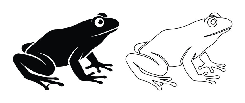 Minimalist frog vector icons, black silhouette and thin line art toad illustrations, 2 amphibian elements for nature branding and logo design