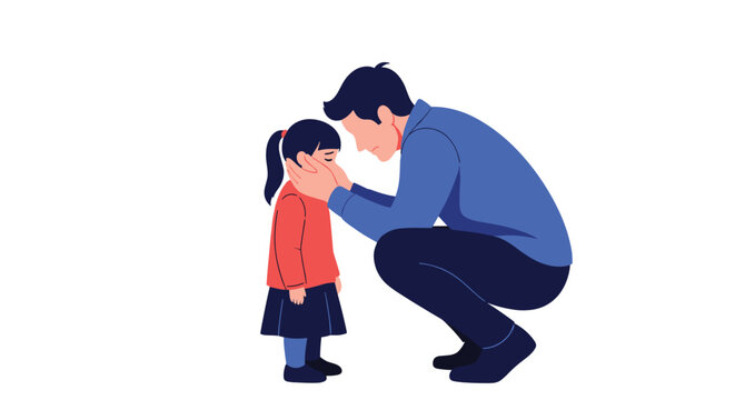Caring father provides emotional support and comfort to his young daughter by gently holding her face in a heartwarming flat illustration scene.