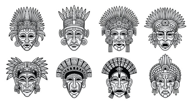 Collection of intricately designed black and white tribal masks featuring diverse patterns and elaborate feathered headpieces on a plain background.