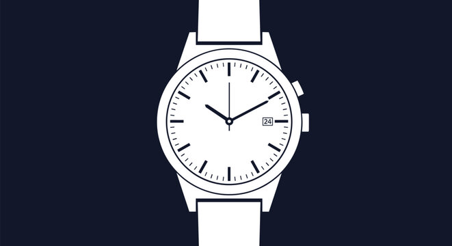Sleek modern analog wristwatch with a clean white face and simple dial markers presented against a dark blue background for a minimalist look.
