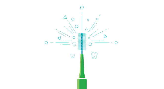 Green interdental brush featured with dental care icons and geometric shapes to promote effective oral hygiene and plaque removal between teeth.