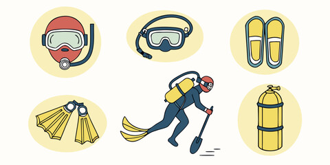 Set of scuba diving equipment icons including masks fins and air tanks with flippers equipment underwater nautical swimming activity recreation adventure vacation tropical breathing © ADOBE
