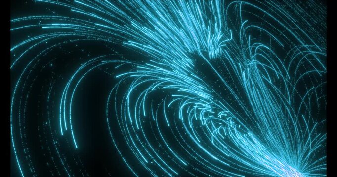 A multitude of luminous particles move rapidly along swirling trajectories, forming dynamic light streams. Dense tracks intertwine in an endless rotation, creating the effect of high-speed data transm