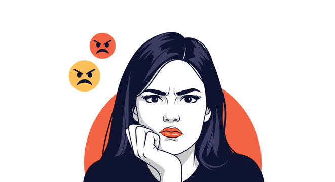 Young woman showing an angry and frustrated facial expression with supporting red and orange angry emojis to illustrate negative emotions or stress.