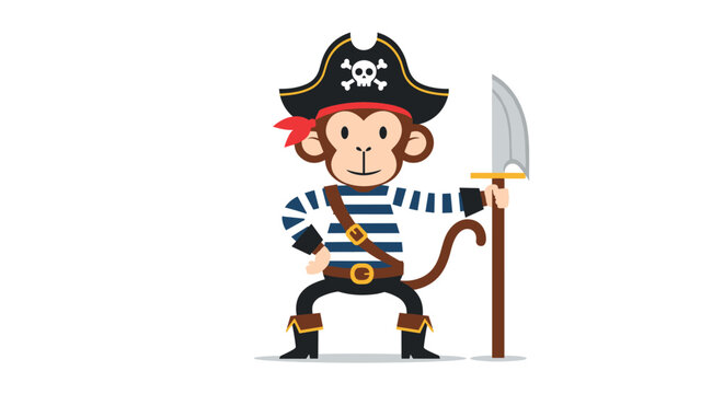 Cute cartoon monkey dressed in a pirate outfit with a captain hat, striped shirt, and holding a large sword for a playful and adventurous character.