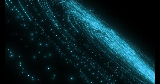 A multitude of luminous particles move rapidly along swirling trajectories, forming dynamic light streams. Dense tracks intertwine in an endless rotation, creating the effect of high-speed data transm