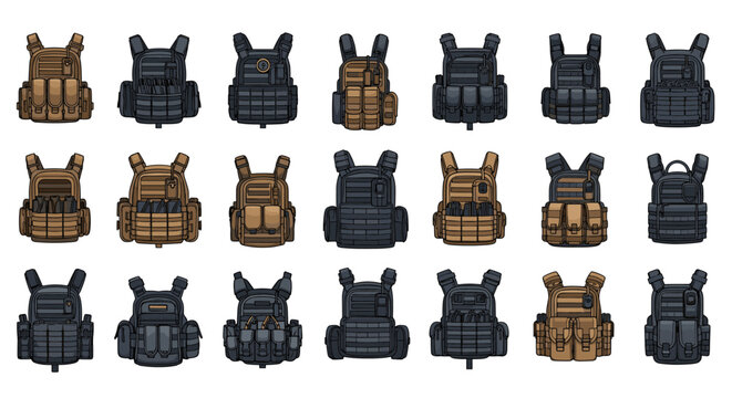 Extensive set of tactical vests and body armor in different colors and equipment configurations for military, police, or outdoor survival gear.
