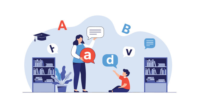 Female teacher interactively teaching a young student in a colorful classroom environment with books, alphabet blocks, and educational speech bubbles.