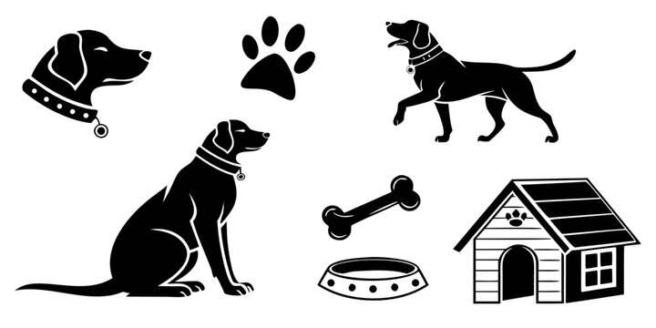 Comprehensive set of black dog icons illustrating dog heads sitting dog standing dog kennel paw print bone with silhouette illustration domestic collection minimalist creative isolated obedient