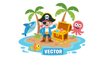 Naklejka premium Happy cartoon characters celebrating with pirate and crab on tropical island Vector