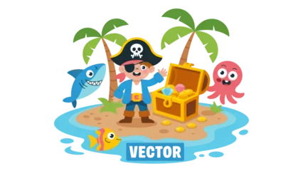 Handdoek met foto Piraten Happy cartoon characters celebrating with pirate and crab on tropical island Vector  © MDSOPON