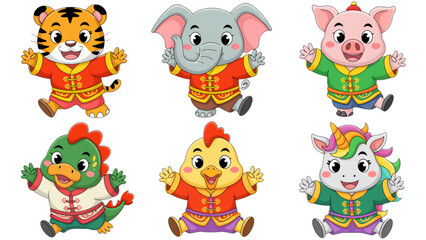 Obraz premium Colorful cartoon animals with happy expressions sitting on colorful mushrooms Vector