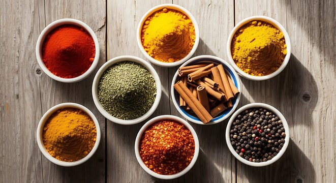 Various colorful spices and herbs in small bowls on a rustic wooden table top view. epices