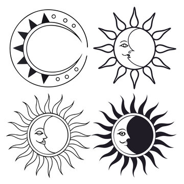 Collection of sun and moon face icons in celestial vintage style with celestial astronomy astrology mystical illustration esoteric collection decorative minimalist abstract spiritual