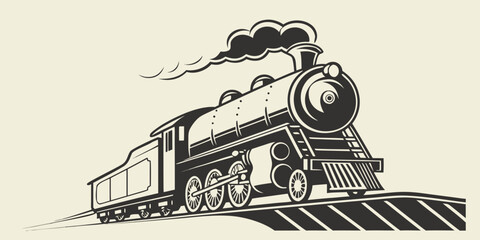 Vintage steam locomotive train moving on tracks with smoke graphic illustration steam powered locomotive railroad transportation illustration transport monochrome industrial machinery © ADOBE