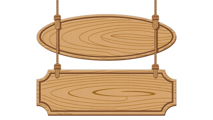 Two wooden planks hanging from a rustic rope sling in an outdoor setting Vector © MDSOPON