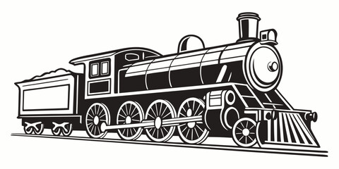 Detailed black and white vector graphic of a vintage steam engine train with steam powered locomotive railroad transportation illustration transport monochrome industrial machinery traveling © ADOBE