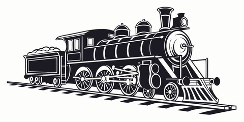 Stylized artistic graphic design of a classic steam locomotive on railroad tracks with steam powered locomotive railroad transportation illustration transport monochrome industrial machinery © ADOBE