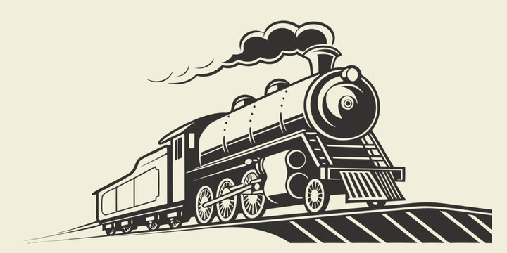 Vintage steam locomotive train moving on tracks with smoke graphic illustration steam powered locomotive railroad transportation illustration transport monochrome industrial machinery