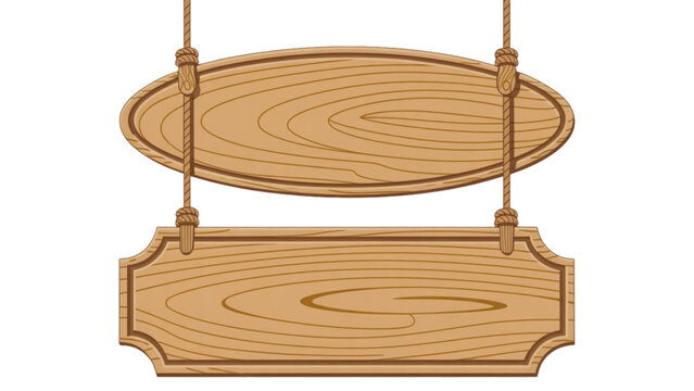 Two wooden planks hanging from a rustic rope sling in an outdoor setting Vector