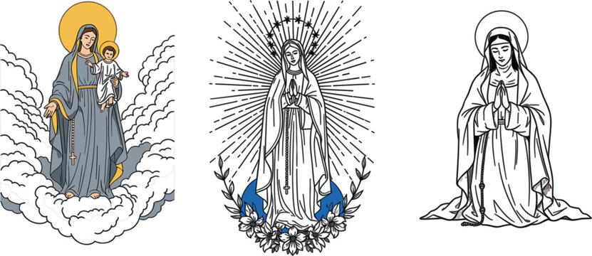 Sacred Virgin Mary Illustrations with Detailed Line Art and Religious Iconography, Religious Symbolism for Christian Art and Design