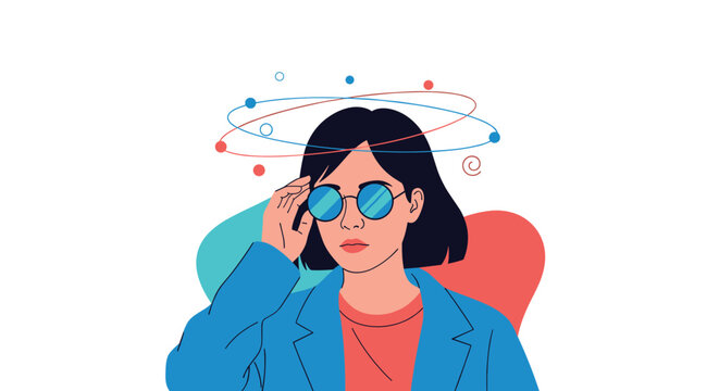 Woman wearing blue sunglasses looks overwhelmed as colorful circles and spirals spin around her head indicating dizziness or confusion.