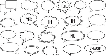 Fototapeta premium Colorful hand drawn scribble speech bubbles and thought clouds vector set with crayon texture sketch style for creative communication and social media design