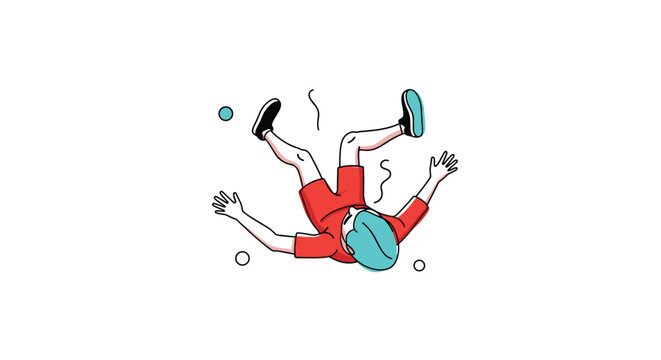 Cartoon person in a red outfit is shown falling through the air in a state of freefall with small decorative circles and lines around them.
