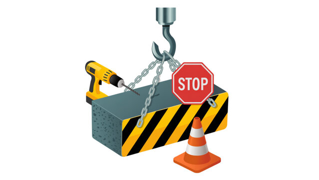 Crane lifting dumpster with caution tape and warning sign on construction site Vector