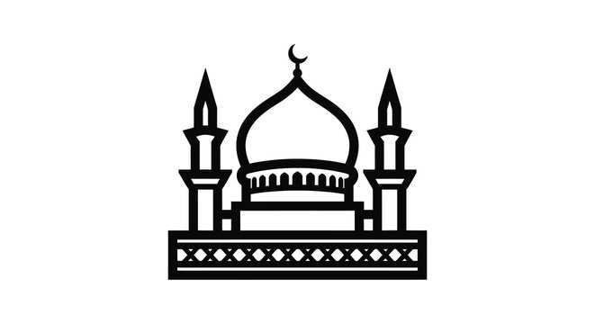 Detailed black silhouette of a mosque with minarets and crescent moon silhouette